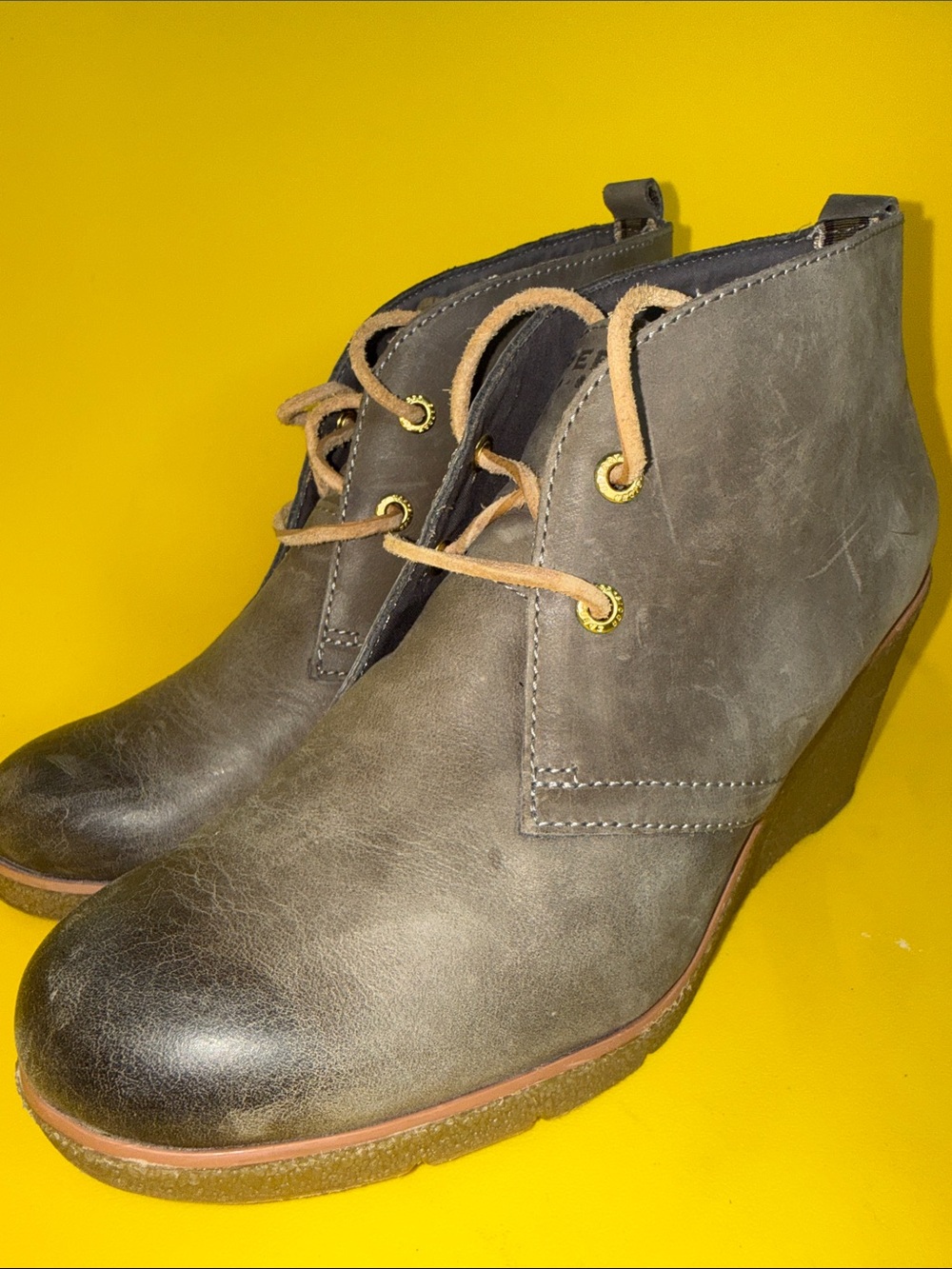 Sperry Gray Green Distressed Wedge Ankle Booties with Lace-Up Detail